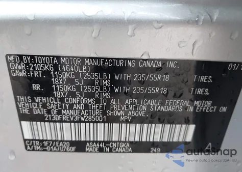 2015 Toyota Rav4 Limited из США, поврежденный, VIN 2T3DFREV3FW285001